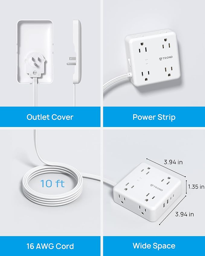TROND Flat Power Strip with Outlet Cover, 10FT Long Extension Cord | 8 AC Outlets with 2 USB A & 2 USB C Ports, 1700J Surge Protector, Flat Wall Plug Compact for Home Office Dorm Room Essentials