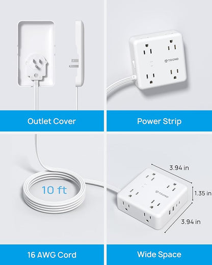 TROND Flat Power Strip with Outlet Cover, 10FT Long Extension Cord | 8 AC Outlets with 2 USB A & 2 USB C Ports, 1700J Surge Protector, Flat Wall Plug Compact for Home Office Dorm Room Essentials