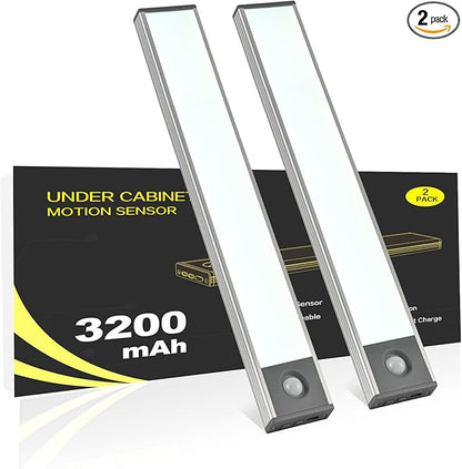 Under Cabinet Lighting, 3200mAh Wireless Motion Sensor Light Indoor, 180lm Rechargeable Battery Operated LED Closet Lights, Magnetic Under Counter Lights for Kitchen Stair (8 Inch, Cool White, 2 Pack)