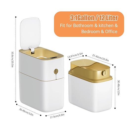 funest Smart Bathroom Trash Can with Lid, 3.6 Gallon Slim Motion Gold Sensor Garbage Bin with Inner Bucket, Trash Can with Lid Waterproof for Kitchen Office