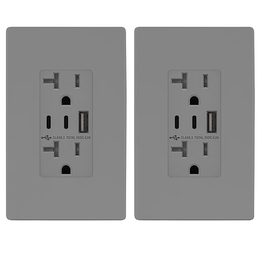 TOPGREENER 4.2A 21W 3-Port Type C USB Outlet, 20 Amp Receptacle Plug, Charging Power Outlet with Dual Type C&A Ports, Screwless Wall Plate Included, UL Listed, TU22042AC2-GYSID, Gray, 2 Pack