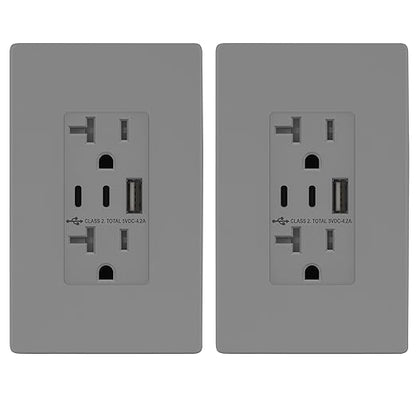 TOPGREENER 4.2A 21W 3-Port Type C USB Outlet, 20 Amp Receptacle Plug, Charging Power Outlet with Dual Type C&A Ports, Screwless Wall Plate Included, UL Listed, TU22042AC2-GYSID, Gray, 2 Pack