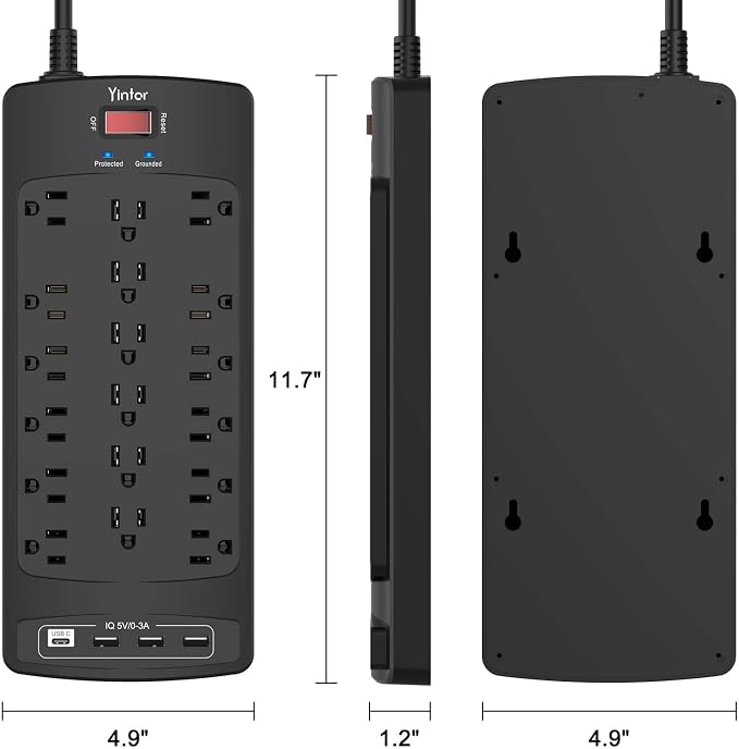 Yintar 6Ft Surge Protector Power Strip with 18 Outlets and 4 USB Ports | 6 Feet Flat Plug Heavy Duty Extension Cord with Multiple Outlets for Home, Office, Dorm Essentials, 2100 Joules, ETL, Black