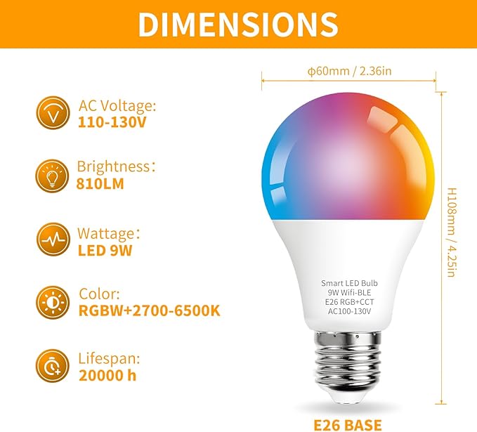 Smart LED Bulb A19 9W 3-Pack, 16 Million Colors & White Dimmable, Wi-Fi, Compatible with Alexa Google Home, No Hub Required, Energy Saving