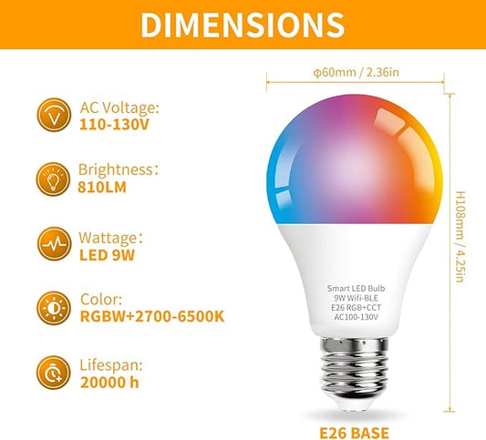 Smart LED Bulb A19 9W 3-Pack, 16 Million Colors & White Dimmable, Wi-Fi, Compatible with Alexa Google Home, No Hub Required, Energy Saving