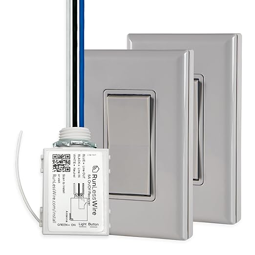RunLessWire 3-Way Battery-Free DIY Wireless Light Switch Kit 150ft RF Range Self-Powered by Kinetic Energy for Hallways & Stairways: 2 Remote Switches Control 1 5A On/Off Receiver Gray