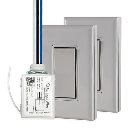RunLessWire 3-Way Battery-Free DIY Wireless Light Switch Kit 150ft RF Range Self-Powered by Kinetic Energy for Hallways & Stairways: 2 Remote Switches Control 1 5A On/Off Receiver Gray