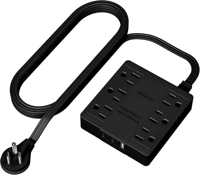 LIDER Outlet Extender with 6 Receptacles, USB-A and 2 USB-C, Ultra-Thin Flat-Plug with Cord Extender, 6-Outlet Power Strip, Slim Angled Design, Surge Protector, 1500 Joules, 5ft Cord, UL-Listed, Black