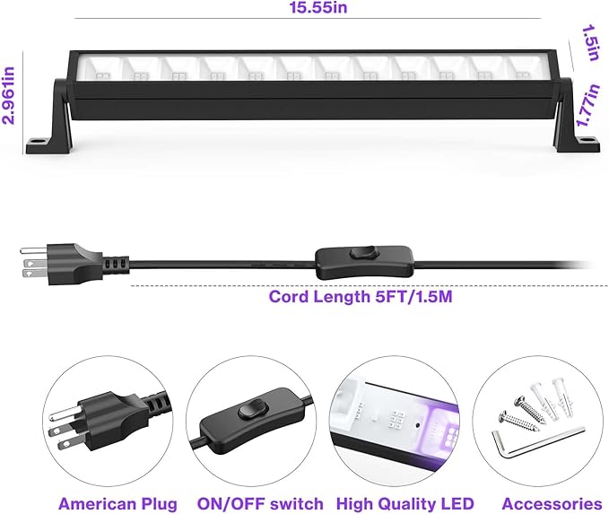 2PCS 40W LED Black Light Bar, Black Lights for Glow Party, Blacklight with Plug &Switch, Each Light Up 484 Sq.ft Area, Halloween Glow Light, Fluorescent Body Paint, Stage Lighting, Bedroom