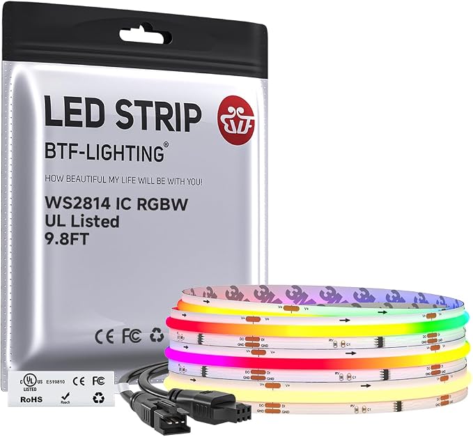 BTF-LIGHTING 9.8FT WS2814 Smart IC RGBW 3000K DC24V COB LED Strip Light | UL Listed 784LEDs/m High Density Color Chasing Uniform Light 10mm Width for Home Party DIY Lighting(No Adapter or Controller)