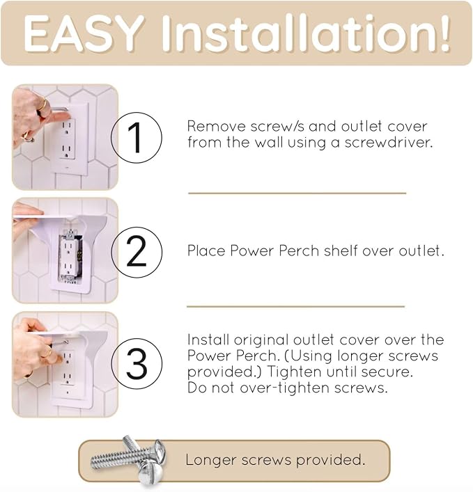 Power Perch Double Outlet Shelf, Renter Friendly Shelves, 1-Pack White | No Drill Alexa Stand Holder Outlet Mount for Bathroom, HomePod Stand, Cord Storage Strap, WiFi Router Wall Shelf, USA Made