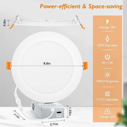 BesLowe 6 Packs 8 Inch 5CCT LED Recessed Ceiling Lights Ultra-Thin with Junction Box, 18W 225W Eqv, 3000K/3500K/4000K/5000K/6500K, 1800LM Dimmable Canless Downlights for Kitchen Hallway Dining Room