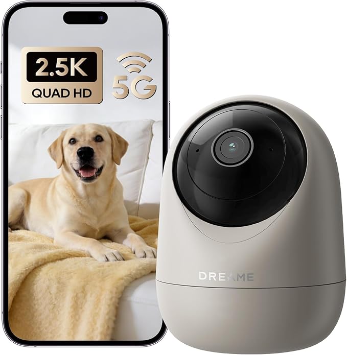 DREAME 2.5K 4MP Pet Dog Camera, Security Cameras Wireless Indoor, Dual-Band 5G/2.4G Wi-Fi, Auto-Tracking, 360° Pan-Tilt, Cloud & Local Storage, Physical Privacy Mode, Work with Alexa & Google, Grey