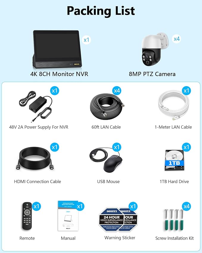 (2026 New) 4K PoE PTZ Security Camera System with 10'' Monitor, 8CH NVR, 6 Wired Outdoor Cameras, Pan Tilt Auto Tracking, AI Human Detection, Free App, No Monthly Fee, IP65