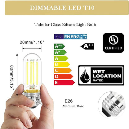 3.2 Inch 5000K Daylight White E26 LED Bulb 60 Watt Equal, AC 120V 600LM Edison Bulbs Dimmable, 6W T10 T30 Filament Light Bulbs Clear Glass for Fan Pendant Wall Light, UL Certified-6 Pack
