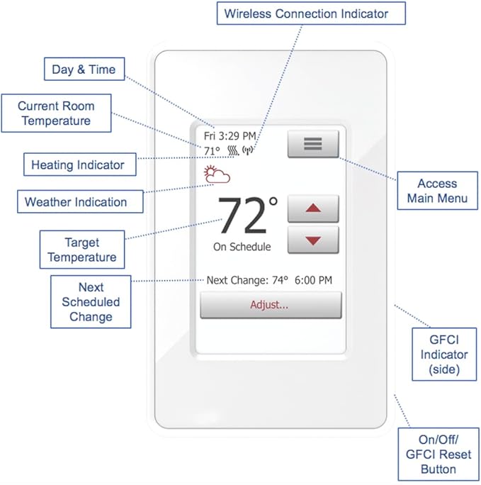 WarmlyYours UWG4-4999 nSpire Touch WiFi Programmable Smart Thermostat, with Touchscreen, Class A GFCI, and Floor Sensor (White)