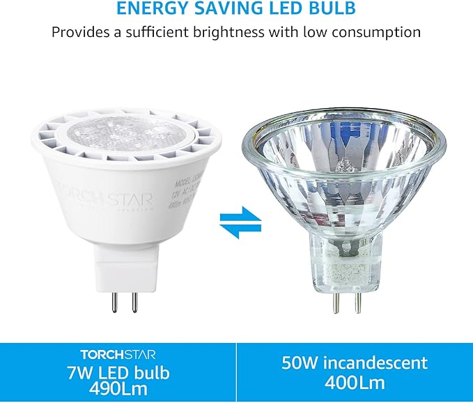 TORCHSTAR MR16 LED Bulb Dimmable, Aluminum, 12V 7W, GU5.3 Bi-Pin Base Spotlight, UL Listed, LED MR16 Light Bulbs for Recessed Track Lighting, 5000K Daylight, Pack of 6