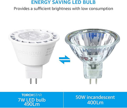 TORCHSTAR MR16 LED Bulb Dimmable, Aluminum, 12V 7W, GU5.3 Bi-Pin Base Spotlight, UL Listed, LED MR16 Light Bulbs for Recessed Track Lighting, 5000K Daylight, Pack of 6