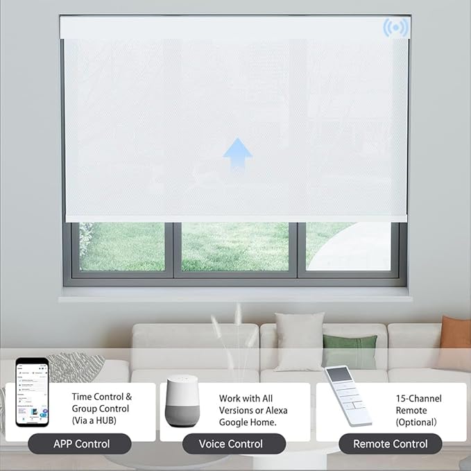 Motorized Solar Shades, Light Filtering Smart Blinds for Windows Automatic Blinds Compatible with Alexa, Falme Resistant Roller Shades Customized for Office Living Room (1% Openness White)