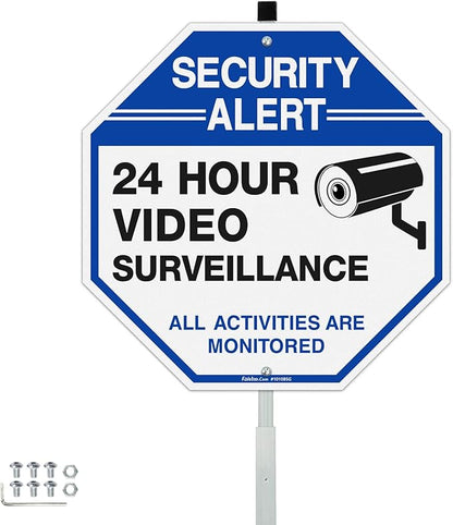 Faittoo Security Sign Video Surveillance Sign with 42" Stake, 10"x10" Rust Free Heavy Aluminum, Reflective, Fade Resistant, 2 Pre-drilled Holes, Includes Matching Screws & Wrench
