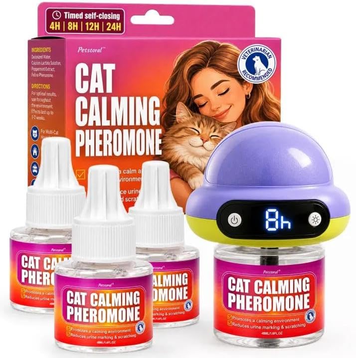 Petstoral Cat Calming Pheromone Diffuser with 3 Refills, Smart Cat Calming Diffuser with 4/8/12/24-Hour Timer, Daily Auto-On, Helps Reduce Anxiety, Spraying & Scratching