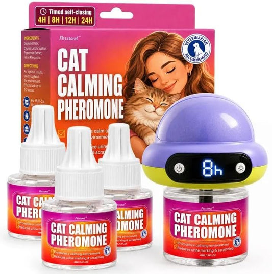 Petstoral Cat Calming Pheromone Diffuser with 3 Refills, Smart Cat Calming Diffuser with 4/8/12/24-Hour Timer, Daily Auto-On, Helps Reduce Anxiety, Spraying & Scratching