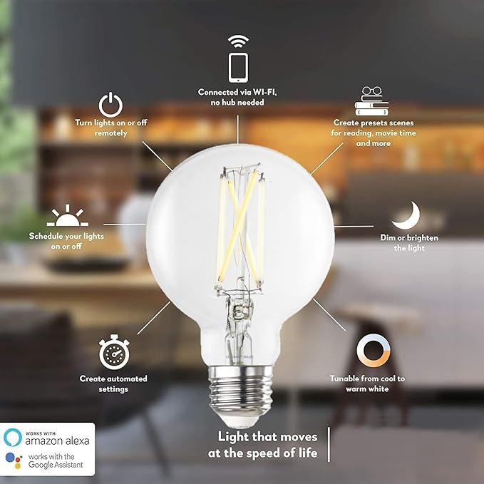 Diodesy- G25 Smart Globe Wifi Light Bulb Clear Finish 8W (60W Equivalent) 800 Lumen 2200K-6500K Selectable E26 Medium Base Pack of 4- Compatible with Alexa and Google Home & Control with Voice & App