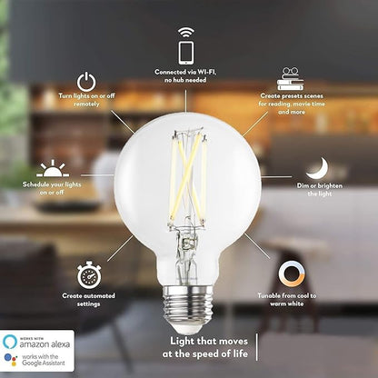 Diodesy- G25 Smart Globe Wifi Light Bulb Clear Finish 8W (60W Equivalent) 800 Lumen 2200K-6500K Selectable E26 Medium Base Pack of 4- Compatible with Alexa and Google Home & Control with Voice & App