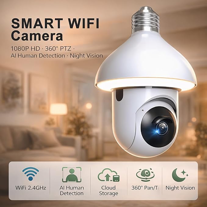 Upgrade Light Bulb Security Camera, WiFi Smart Bulb Cam Home Surveillance Camera, Human Motion Tracking, Siren Alarm, Cloud & TF Card Storage, Waterproof Outdoor Indoor Security Monitor