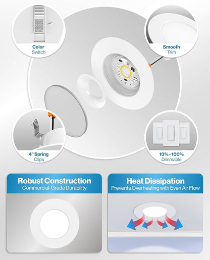 Sunco 6 Pack 4 Inch LED Flat Recessed Light, Retrofit Ceiling Can Lighting, 800 LM, Selectable CCT 2700K/3000K/4000K/5000K, Dimmable, 10W=60W, 50,000 Lifetime Hours UL.