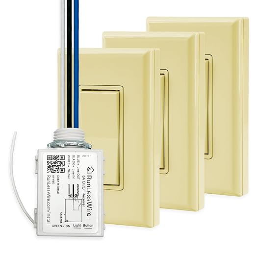 RunLessWire 4-Way Battery-Free DIY Wireless Light Switch Kit 150ft RF Range Self-Powered by Kinetic Energy for Hallways & Stairways: 3 Remote Switches Control 1 5A On/Off Receiver Ivory