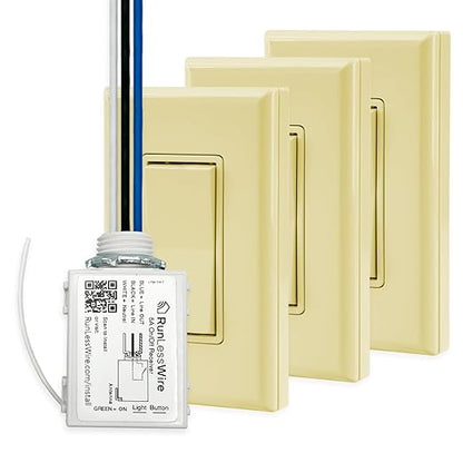 RunLessWire 4-Way Battery-Free DIY Wireless Light Switch Kit 150ft RF Range Self-Powered by Kinetic Energy for Hallways & Stairways: 3 Remote Switches Control 1 5A On/Off Receiver Ivory