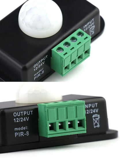 QWORK Motion Sensor LED Switch (2 Pack), 12-24V, 6A, Adjustable Delay Time, 5-8M Induction Distance, 60° Field of View, for LED Strip Lighting, Wall Mount, 3"