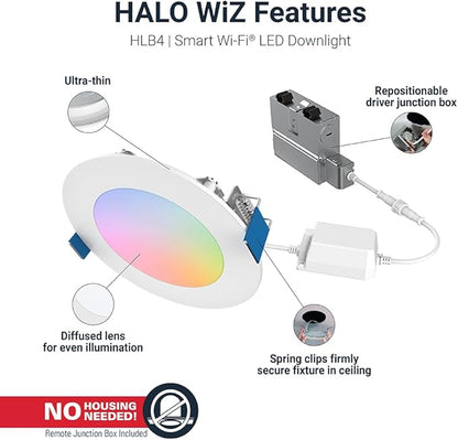 HALO HLB4069WZRGBWMWR 4” Smart Wi-Fi Slim Canless LED Downlight Powered by WiZ Pro, Dimmable Full Color with Smart Home Integration| (Pack of 4)