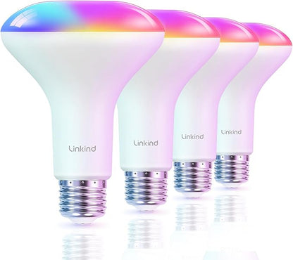 Linkind BR30 Smart Light Bulbs 4 Pack A19 Smart Light Bulbs 4 Pack RGBTW Color Changing Light Bulbs, Compatible with Alexa & Google Home