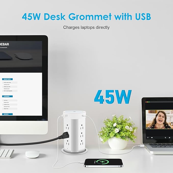 HEZI 4-inch Pop Up Countertop Outlet with 15W Wireless Charger,Max 45W Power Delivery,2 USB-A & 2 USB-C & 12AC Outlets Tamper Resistant 15A, Island Pop Out for Home Office Kitchen
