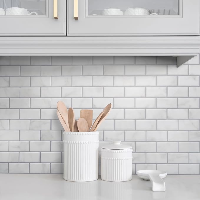 Smart Tiles Peel and Stick backsplash, Subway Carrara Marble, 10.95"x9.7" | Pack of 10 (6.3 sq ft), Glossy, Heat/Moisture Resistant, Low VOC, Kitchen/Bathroom, Renter Friendly, Made in Canada