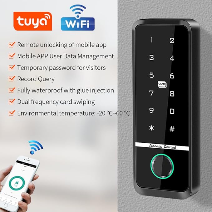 WiFi Access Control Keyboard Fingerprint Door Lock 125Khz EM+13.56Mhz MF RFID Card Reader Controler Keypad Intercom System,Smart Lock Electronic System Tuya App Control Waterproof IP67