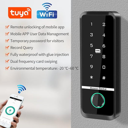 WiFi Access Control Keyboard Fingerprint Door Lock 125Khz EM+13.56Mhz MF RFID Card Reader Controler Keypad Intercom System,Smart Lock Electronic System Tuya App Control Waterproof IP67