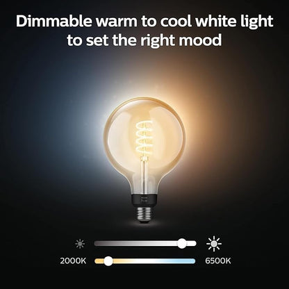 Philips Hue Smart 60W G40 Filament LED Bulb - White Ambiance Warm-to-Cool White Light - 1 Pack - 550LM - E26 - Indoor - Control with Hue App - Works with Alexa, Google Assistant and Apple Homekit