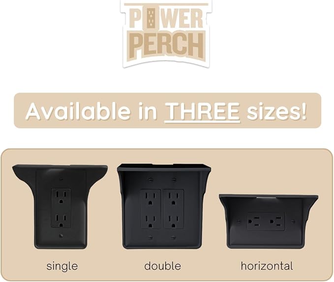 Power Perch Double Outlet Shelf Organizer for Alexa Echo Dot Speakers, Phone - Wall Outlet Holder with Cord Storage Strap - Socket Shelf Bathroom Kitchen Counter Charging Station - Black 2 Pack