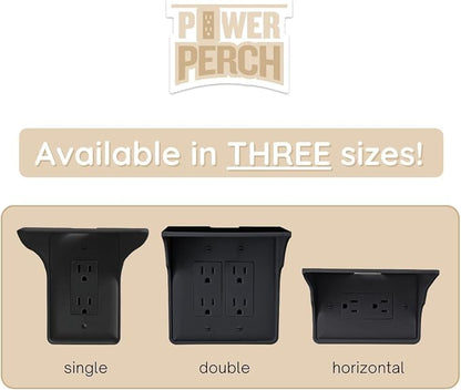 Power Perch Double Outlet Shelf Organizer for Alexa Echo Dot Speakers, Phone - Wall Outlet Holder with Cord Storage Strap - Socket Shelf Bathroom Kitchen Counter Charging Station - Black 1 Pack