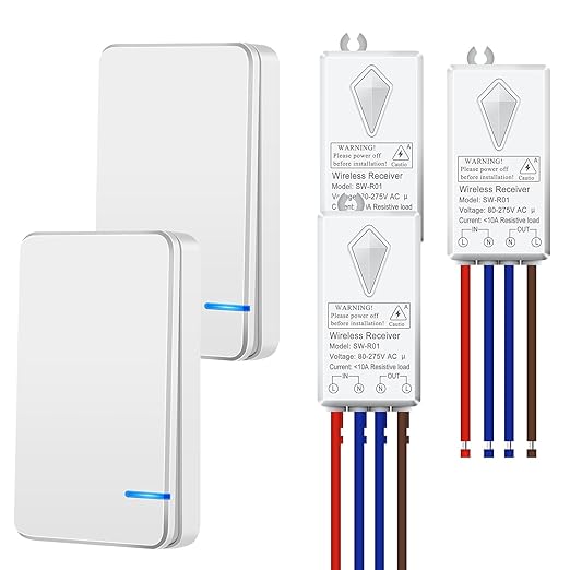 NineLeaf Wireless Light Switch Kit, No Wiring Remote Control, Mini Receiver for Ceiling Lights,Lamps, No WiFi, 1969FT Outdoor 328FT Indoor Range, IP66 Waterproof, 1000W LED(2Switches 3Receivers)