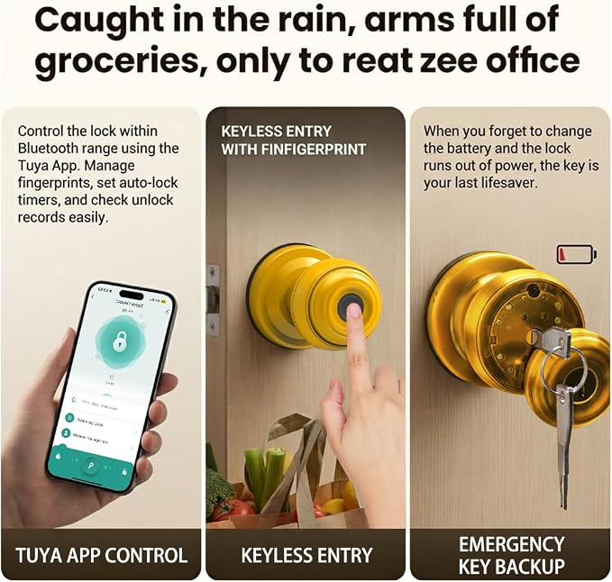 Smart Fingerprint Door Lock Knob, Tuya App Keyless Entry, Yellow | Biometric Handle, Auto Lock, Remote Access, Backup Key, Easy Installation