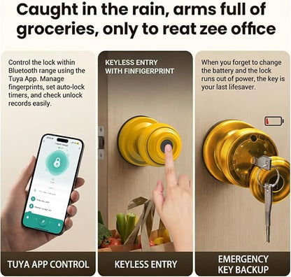 Smart Fingerprint Door Lock Knob, Tuya App Keyless Entry, Yellow | Biometric Handle, Auto Lock, Remote Access, Backup Key, Easy Installation