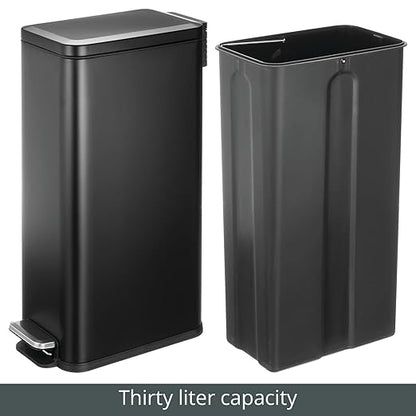 mDesign Slim Metal Rectangle 7.9 Gallon Trash Can with Step Pedal, Easy-Close Lid, Removable Liner - Narrow Wastebasket Garbage Container Bin for Bathroom, Bedroom, Kitchen, Office - Black