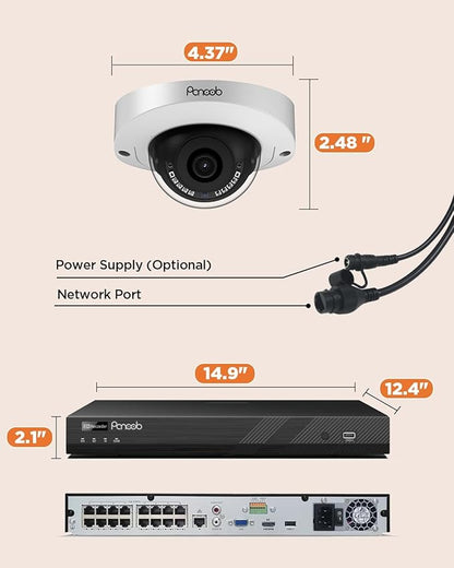 16 Channel Security Camera System, 12Pcs 5MP Wired Outdoor Home Surveillance IP PoE Cameras with AI Human Vehicle Detection, 4K 16CH PoE NVR 4TB HDD, Remote Playback Built-in Mic, PD63A1216-5M