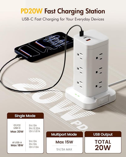 2Pack Power Strip Tower with Surge Protector 1800J, Fast Charging Tower PD20W USB-C Ports with 12 AC Outlets, 10ft Extension Cord for Home Office Dorm Room, White