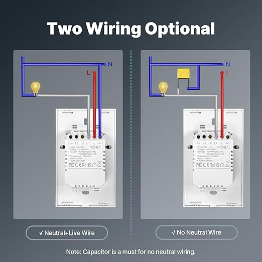 MOES 2nd Generation Smart Touch Wall Switch, 2.4GHz Wi-Fi Single Fire Single Pole Switch, No Neutral Wire Required, Remote MOES APP Control, Compatible with Alexa and Google Home 110V White 1 Gang