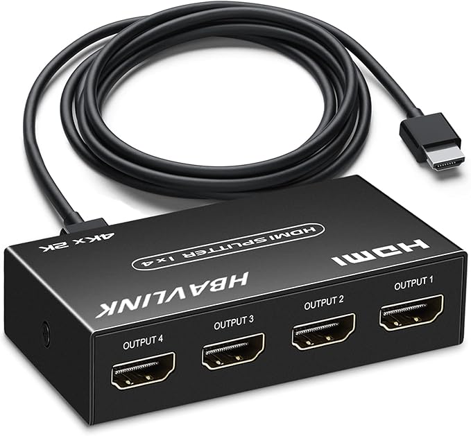 HDMI Splitter 1 in 4 Out 4K 4 Port HDMI Splitter Powered Video Splitter 4 Outputs w/HDMI Cord+ AC Adapter Duplicate/Mirror Screens for Fire Stick/Roku/DirecTV/Cable Box/Security Cameras